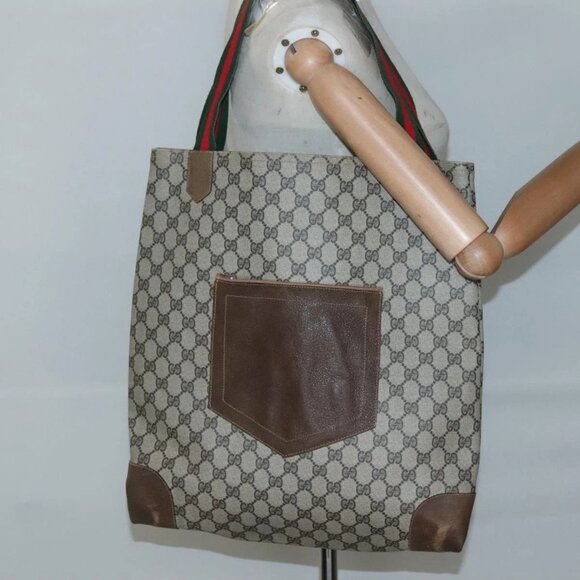 GUCCI GG Supreme Web Sherry Line Tote Bag PVC Beige Auth ep9399 - Picture 3 of 16